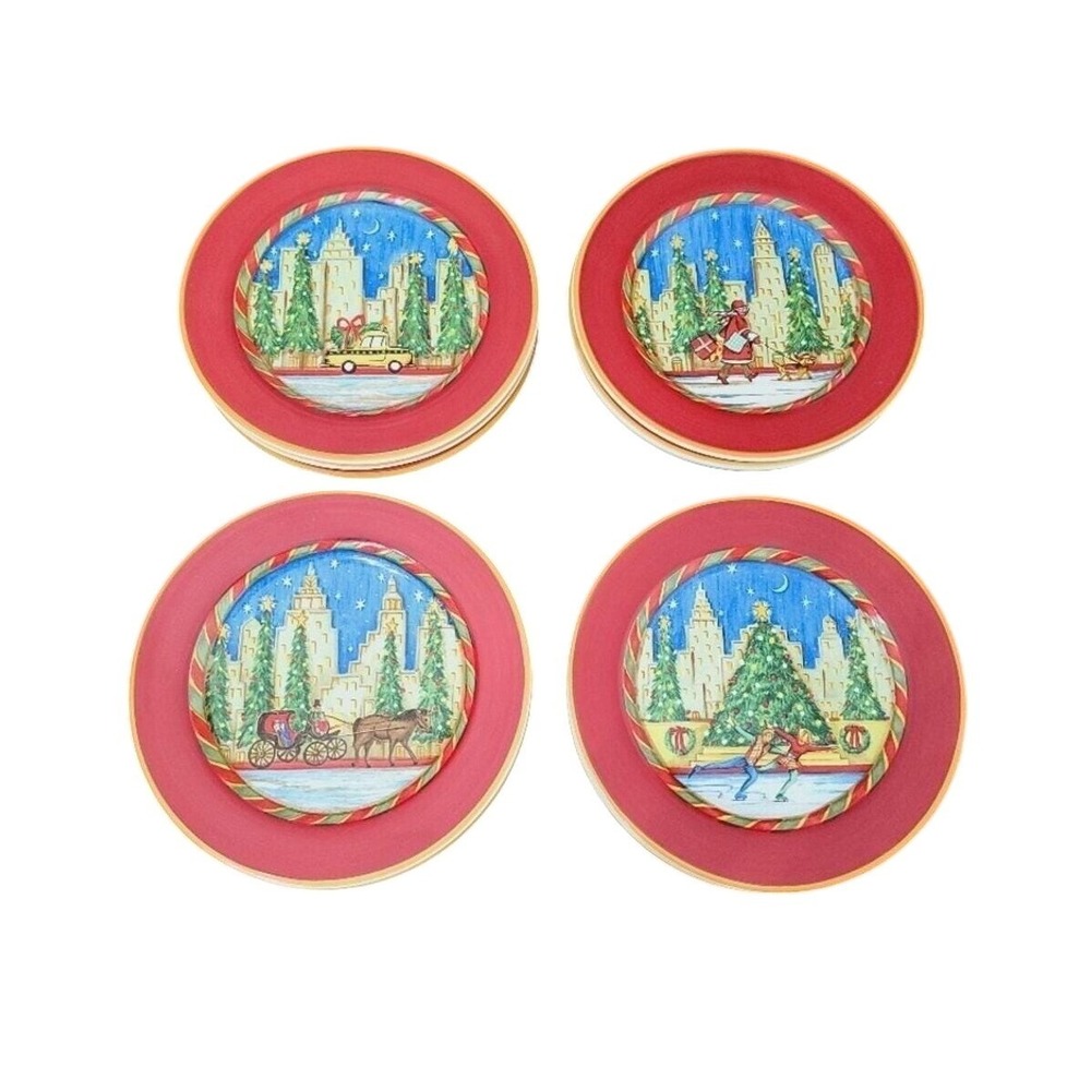Sango Christmastime Plate Set, NYC Holiday‎ Serveware, Chuck Fischer, Set of 4